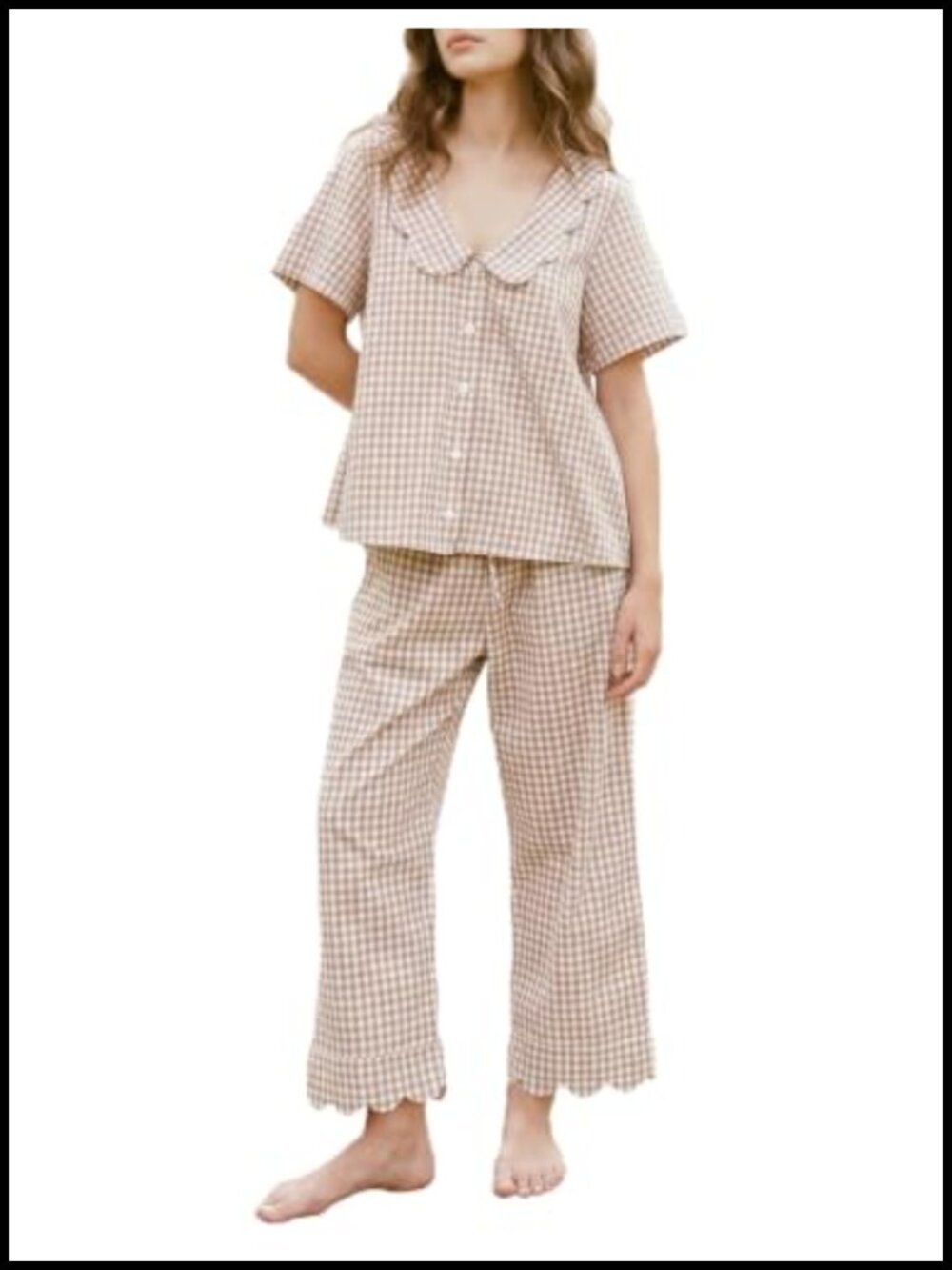 Gingham Cotton Pajama Set Babydoll Shirt Wide Leg Pants 2 Piece Pjs